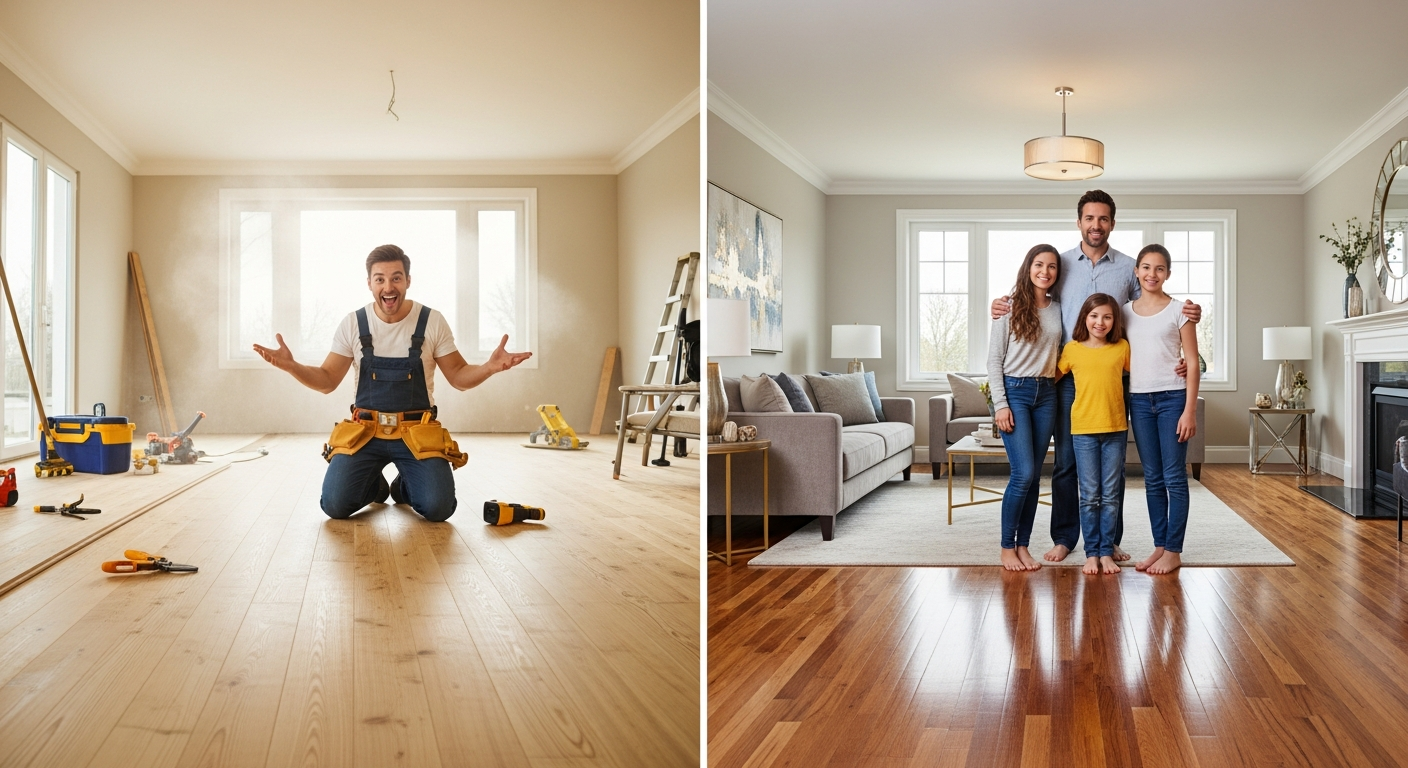 Before: Old worn floors vs After: Stunning transformation!