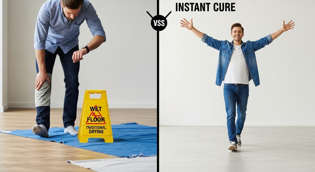 Waiting days for floors to dry vs LED cured: walk on instantly!